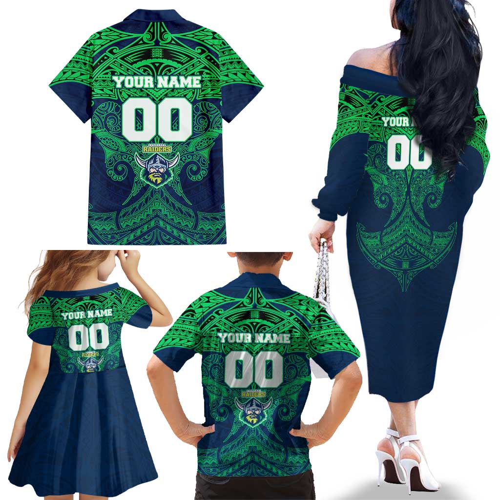 Personalized Canberra Raiders Family Matching Off The Shoulder Long Sleeve Dress and Hawaiian Shirt Polynesian Tribal Pattern Style