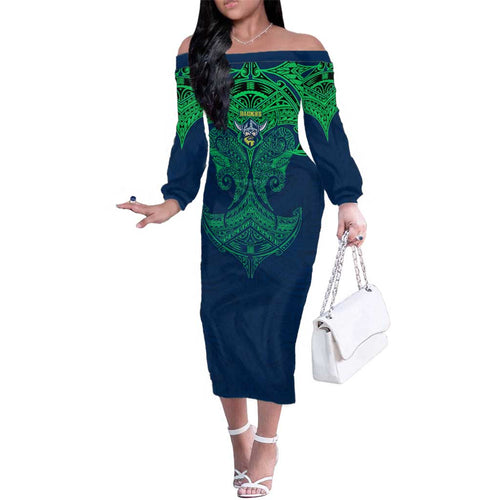 Personalized Canberra Raiders Family Matching Off The Shoulder Long Sleeve Dress and Hawaiian Shirt Polynesian Tribal Pattern Style