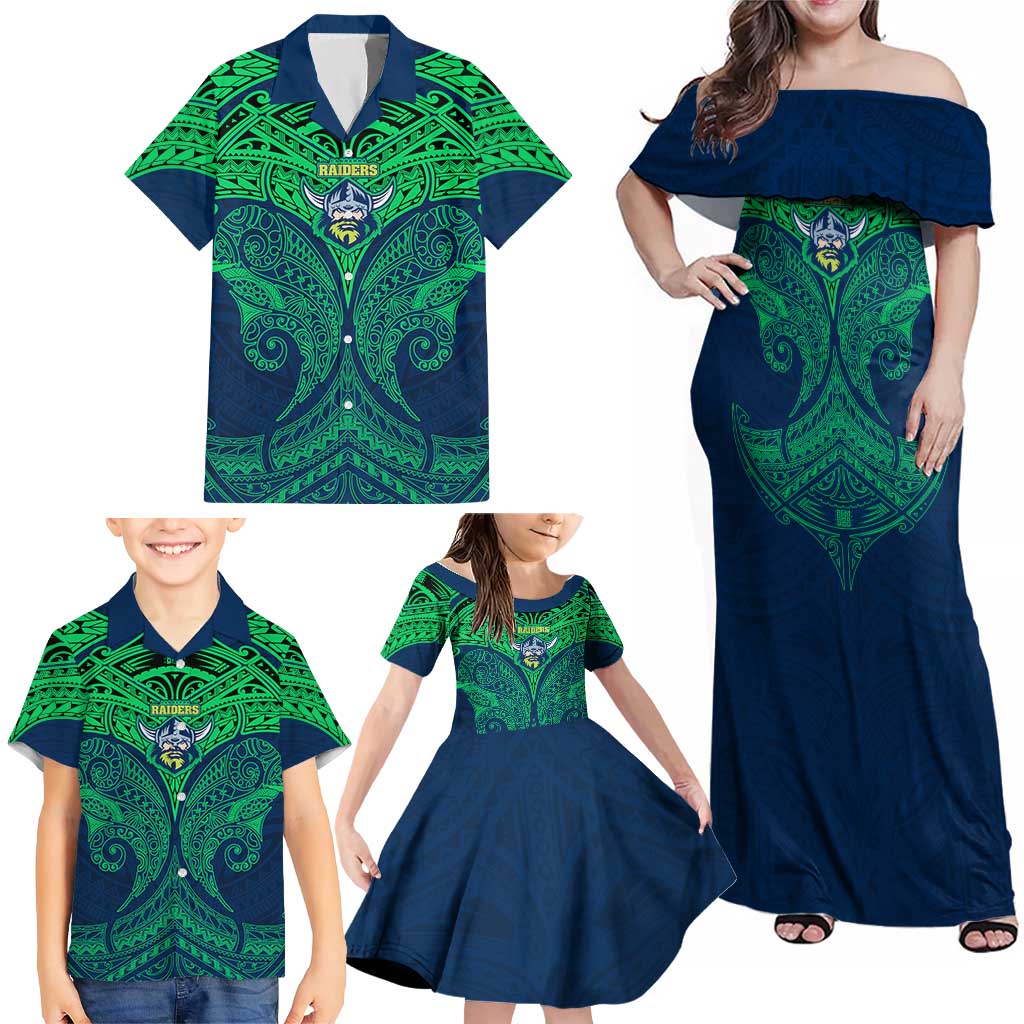 Personalized Canberra Raiders Family Matching Off Shoulder Maxi Dress and Hawaiian Shirt Polynesian Tribal Pattern Style