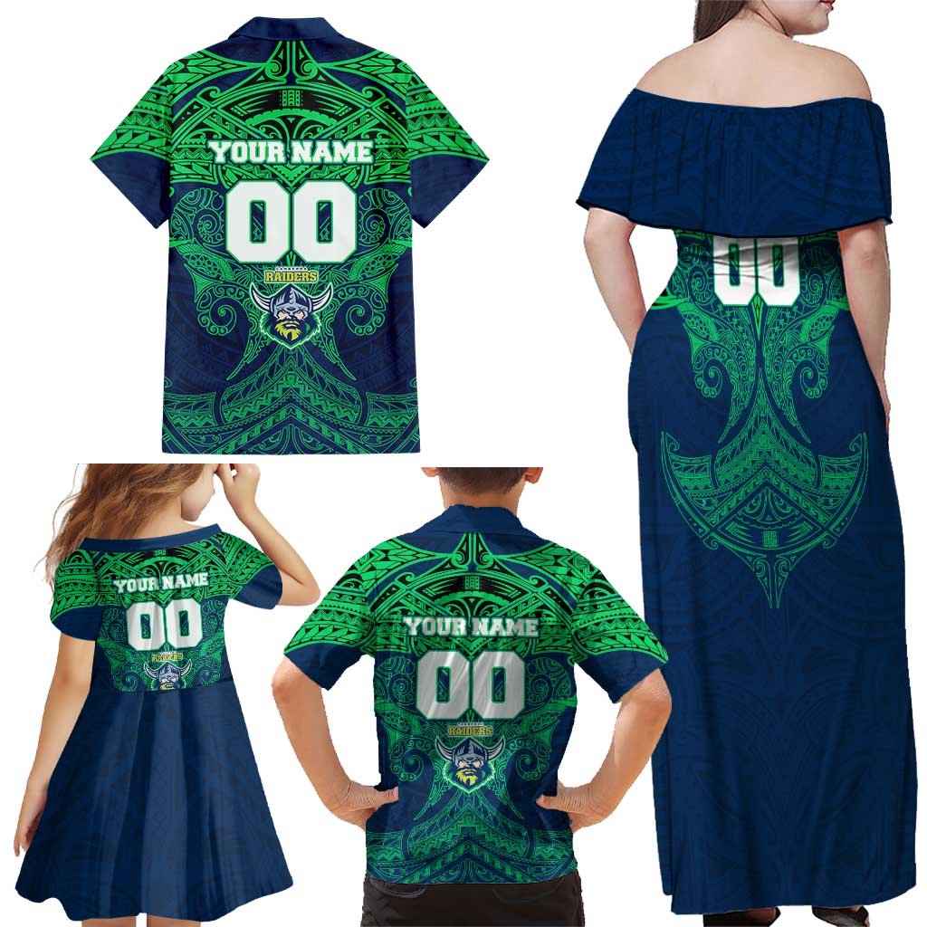 Personalized Canberra Raiders Family Matching Off Shoulder Maxi Dress and Hawaiian Shirt Polynesian Tribal Pattern Style
