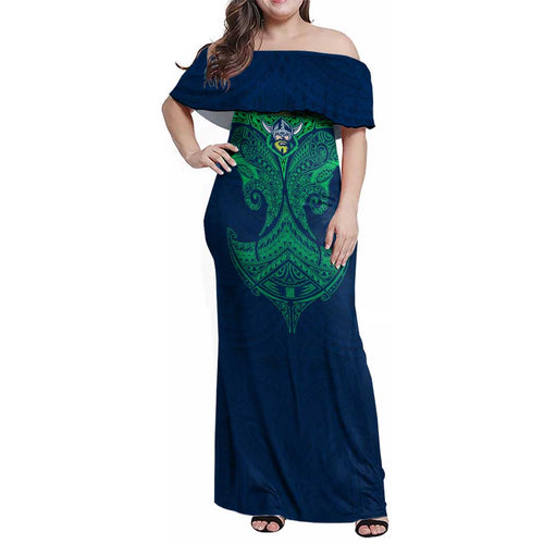 Personalized Canberra Raiders Family Matching Off Shoulder Maxi Dress and Hawaiian Shirt Polynesian Tribal Pattern Style
