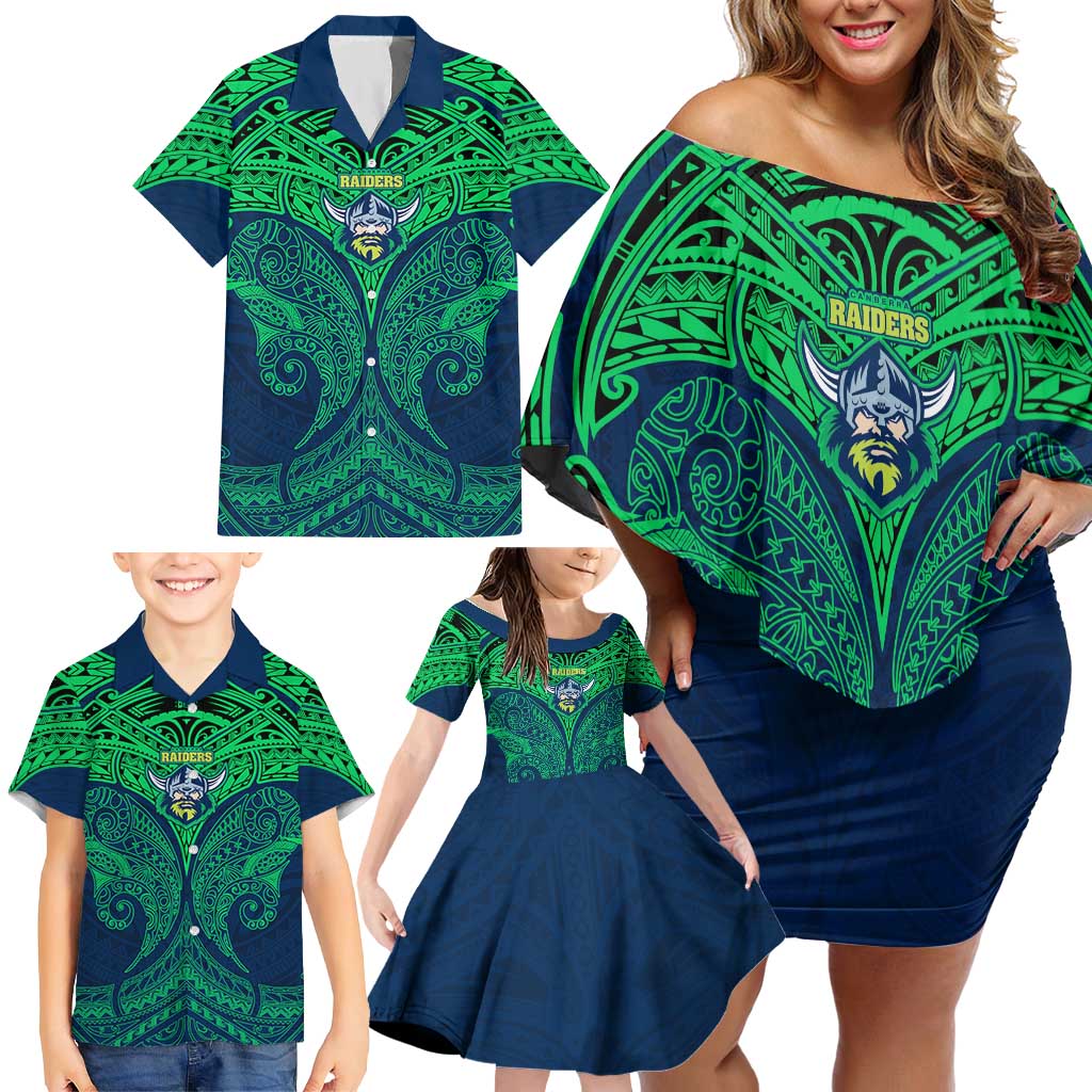 Personalized Canberra Raiders Family Matching Off Shoulder Short Dress and Hawaiian Shirt Polynesian Tribal Pattern Style