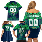 Personalized Canberra Raiders Family Matching Off Shoulder Short Dress and Hawaiian Shirt Polynesian Tribal Pattern Style