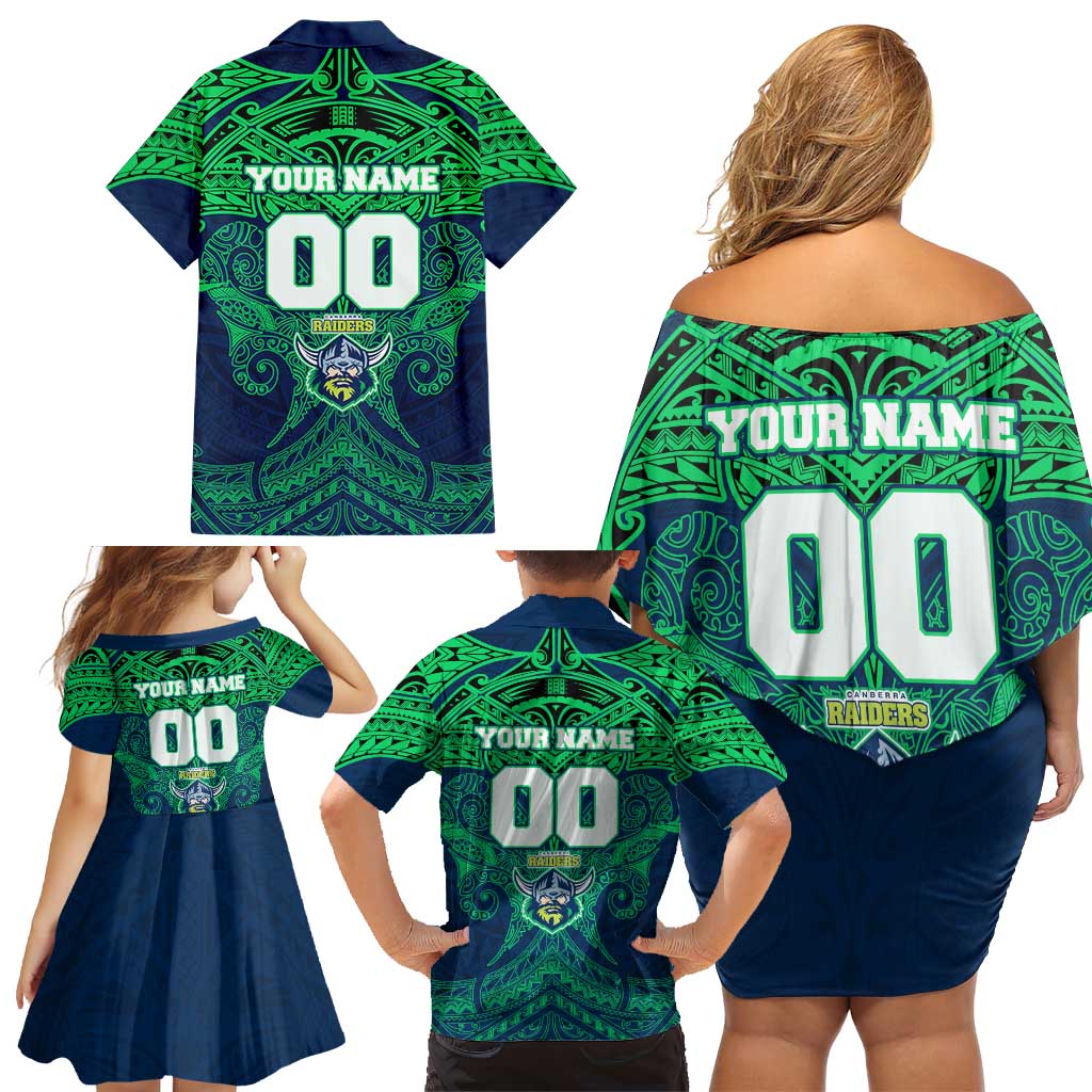 Personalized Canberra Raiders Family Matching Off Shoulder Short Dress and Hawaiian Shirt Polynesian Tribal Pattern Style