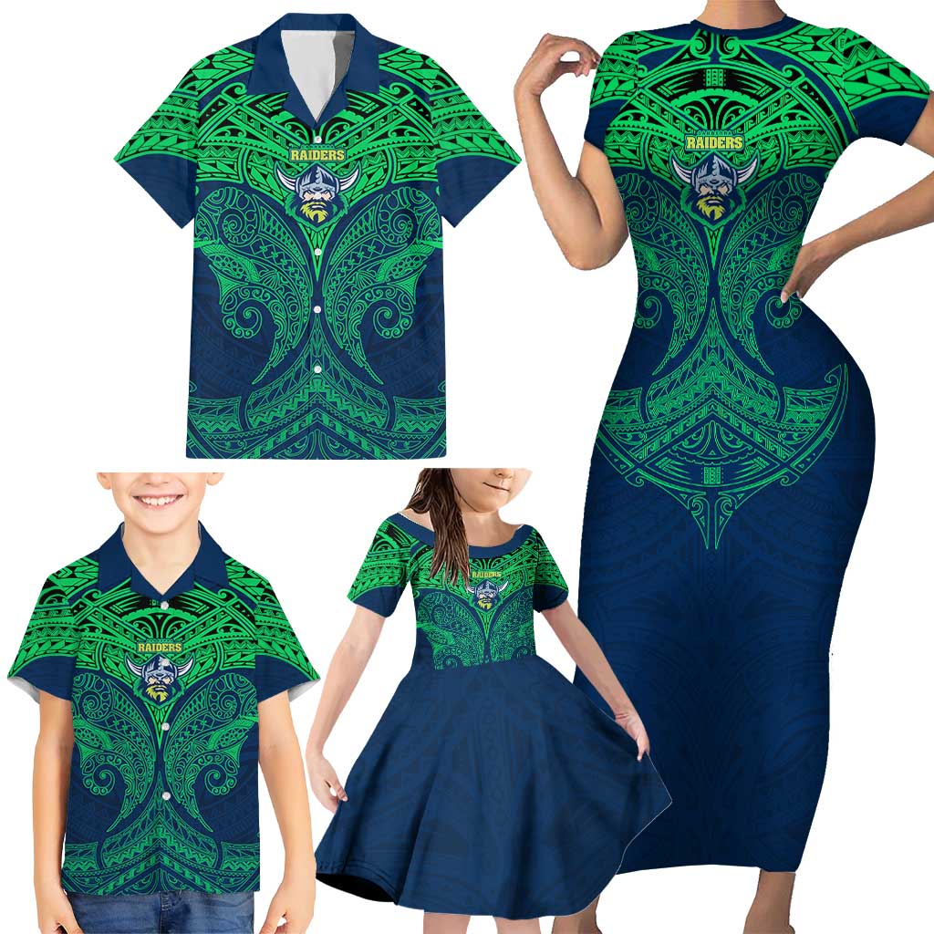 Personalized Canberra Raiders Family Matching Short Sleeve Bodycon Dress and Hawaiian Shirt Polynesian Tribal Pattern Style