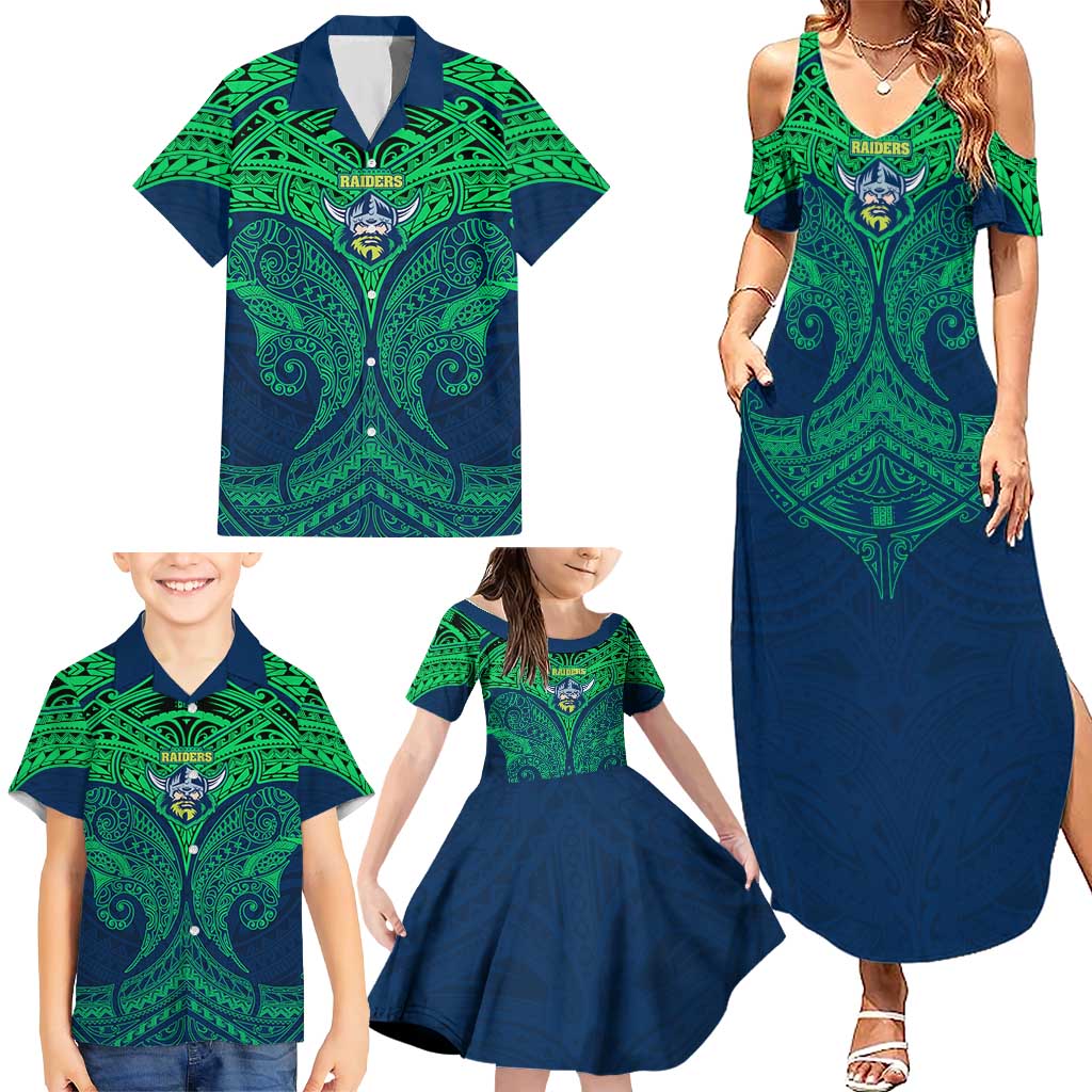 Personalized Canberra Raiders Family Matching Summer Maxi Dress and Hawaiian Shirt Polynesian Tribal Pattern Style