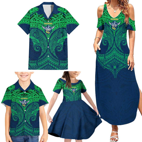 Personalized Canberra Raiders Family Matching Summer Maxi Dress and Hawaiian Shirt Polynesian Tribal Pattern Style