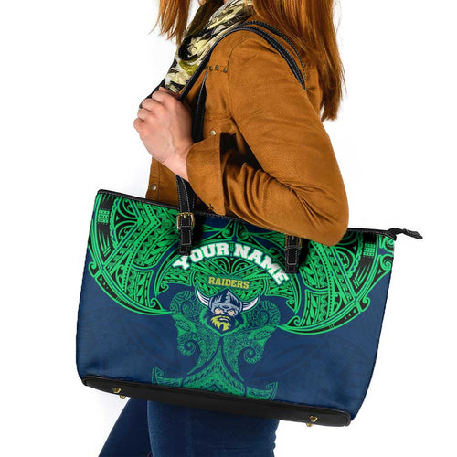 Personalized Canberra Raiders Leather Tote Bag Polynesian Tribal Pattern Style