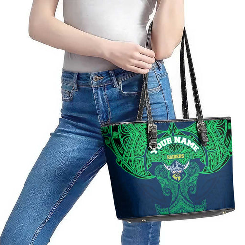 Personalized Canberra Raiders Leather Tote Bag Polynesian Tribal Pattern Style