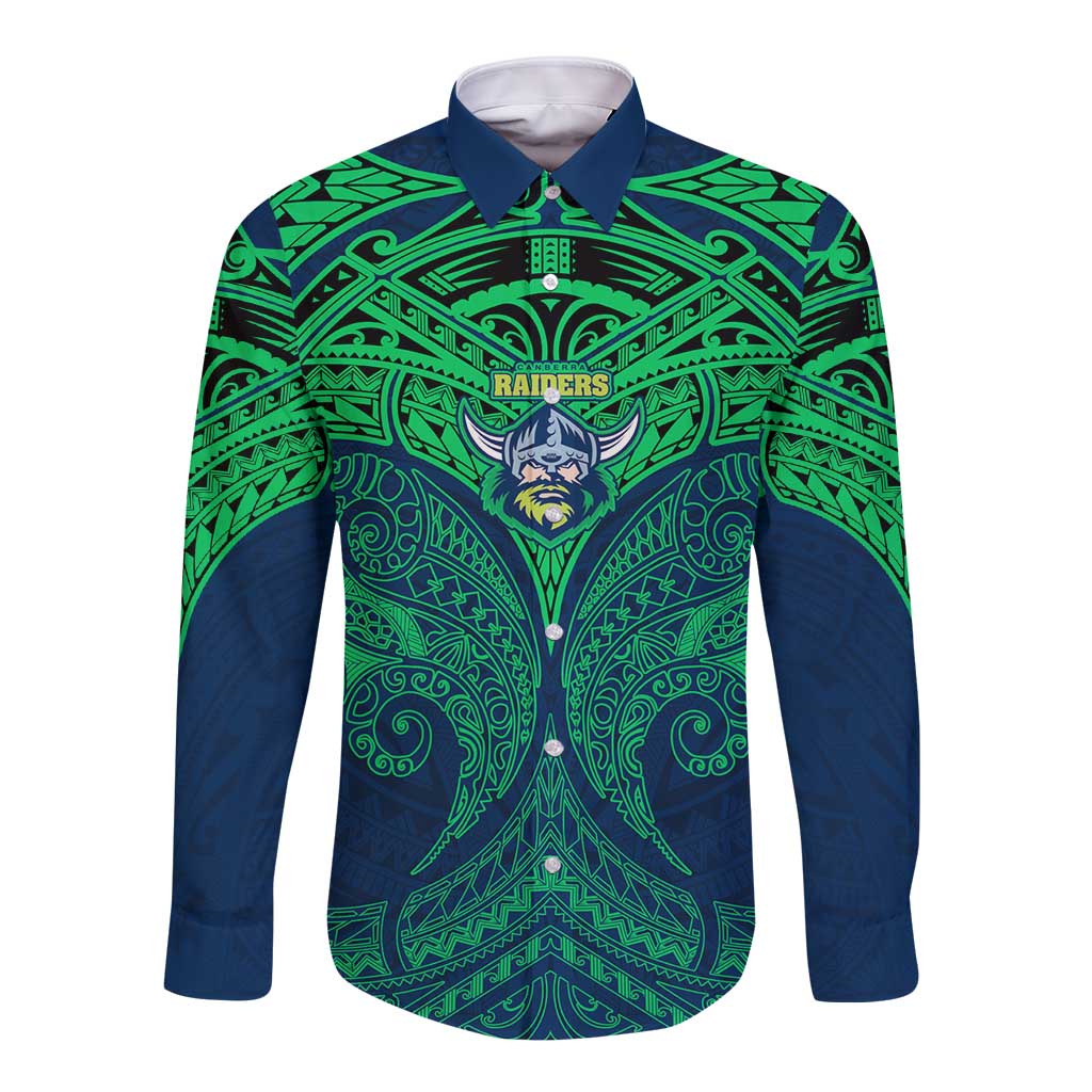 Personalized Canberra Raiders Long Sleeve Button Shirt Polynesian Tribal Pattern Style