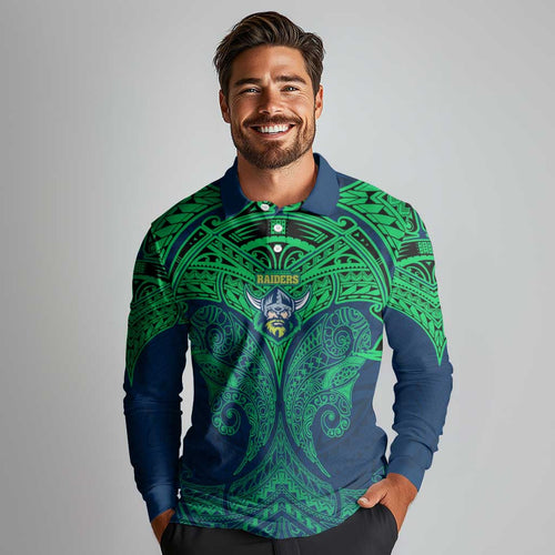 Personalized Canberra Raiders Long Sleeve Polo Shirt Polynesian Tribal Pattern Style