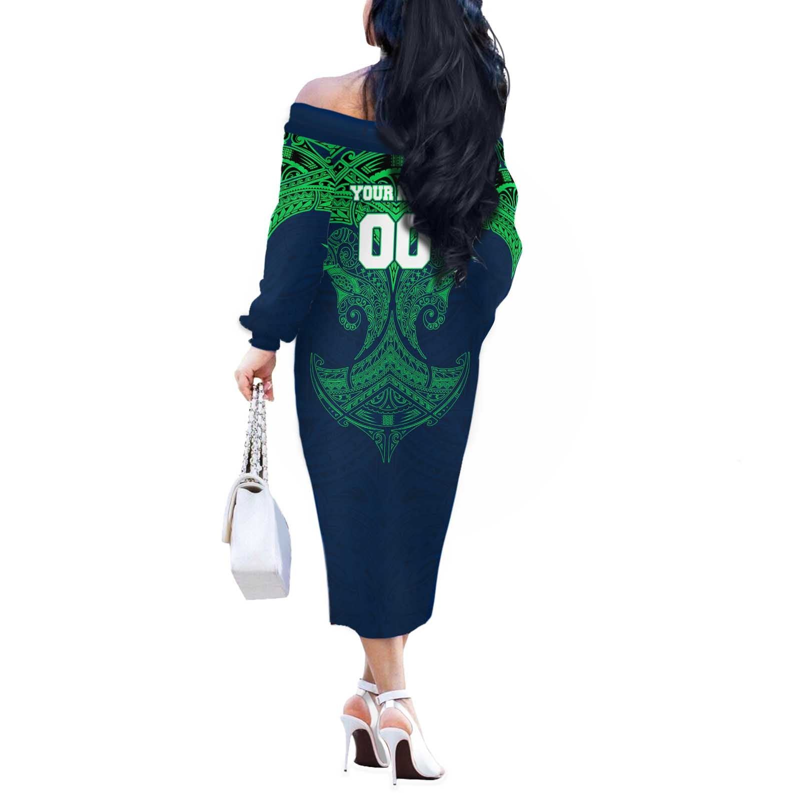 Personalized Canberra Raiders Off The Shoulder Long Sleeve Dress Polynesian Tribal Pattern Style