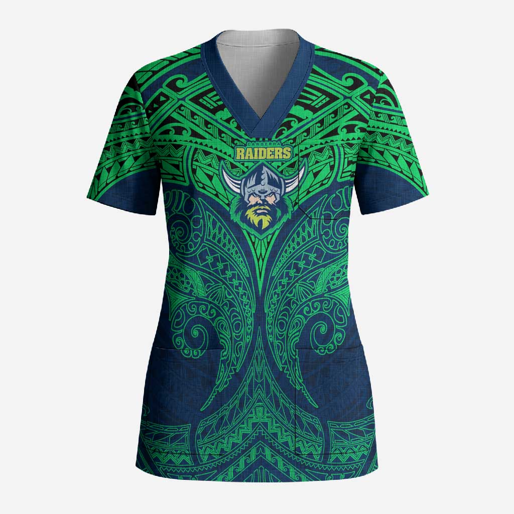 Personalized Canberra Raiders Scrub Top Polynesian Tribal Pattern Style
