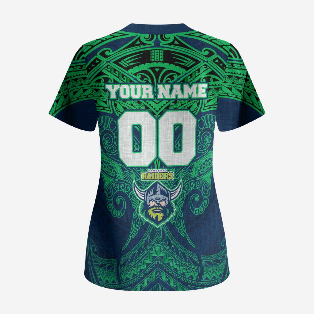 Personalized Canberra Raiders Scrub Top Polynesian Tribal Pattern Style