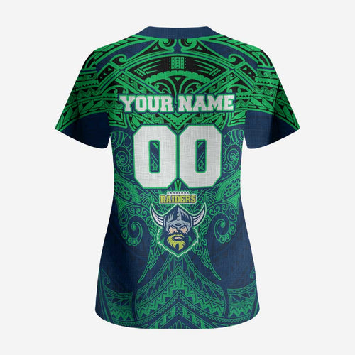Personalized Canberra Raiders Scrub Top Polynesian Tribal Pattern Style