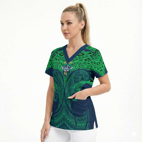 Personalized Canberra Raiders Scrub Top Polynesian Tribal Pattern Style