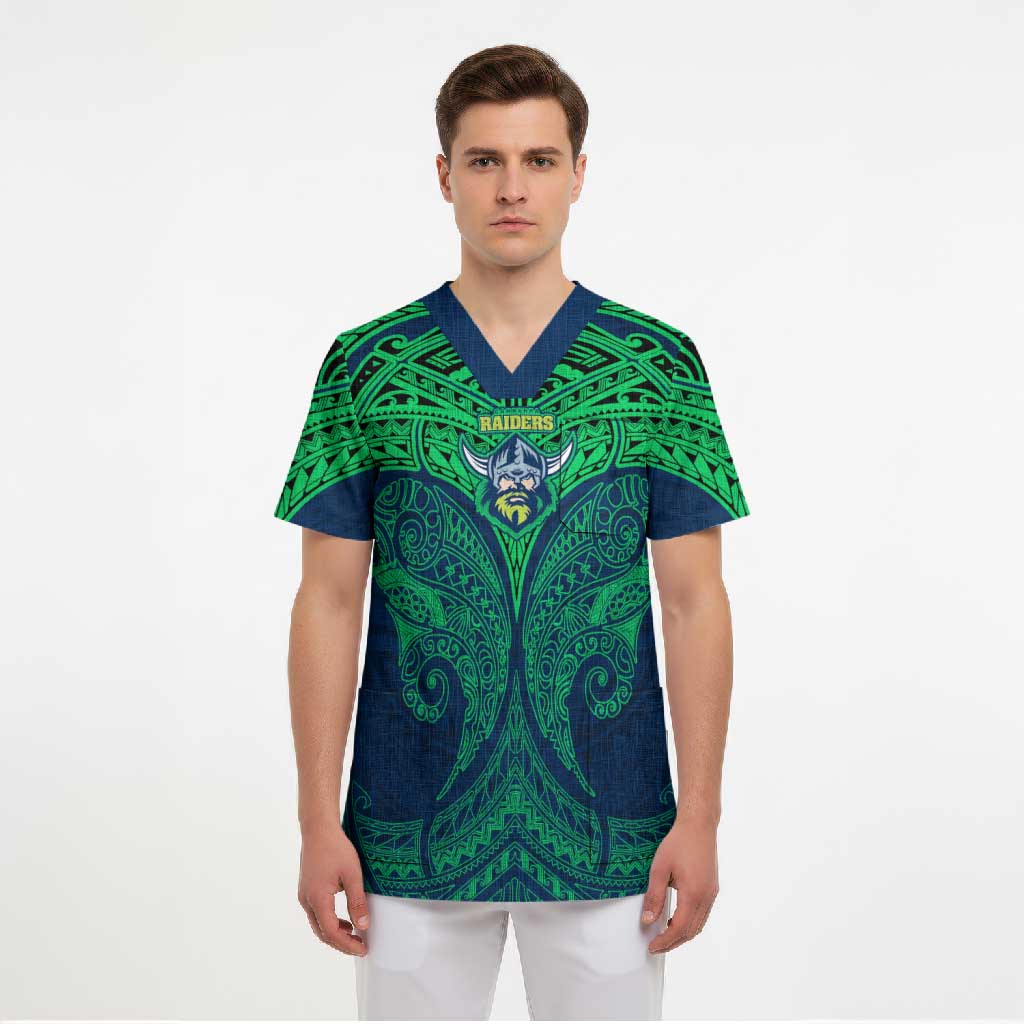 Personalized Canberra Raiders Scrub Top Polynesian Tribal Pattern Style
