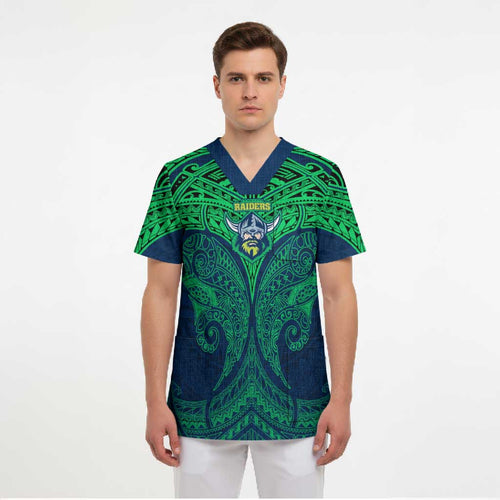 Personalized Canberra Raiders Scrub Top Polynesian Tribal Pattern Style