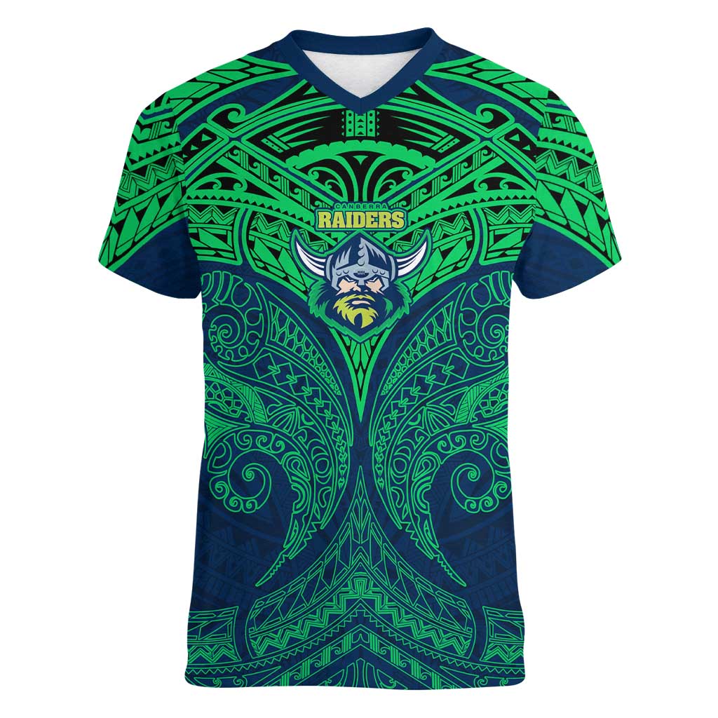 Personalized Canberra Raiders Women V-Neck T-Shirt Polynesian Tribal Pattern Style