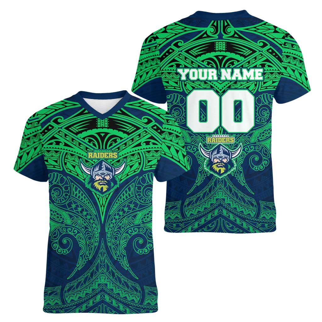 Personalized Canberra Raiders Women V-Neck T-Shirt Polynesian Tribal Pattern Style