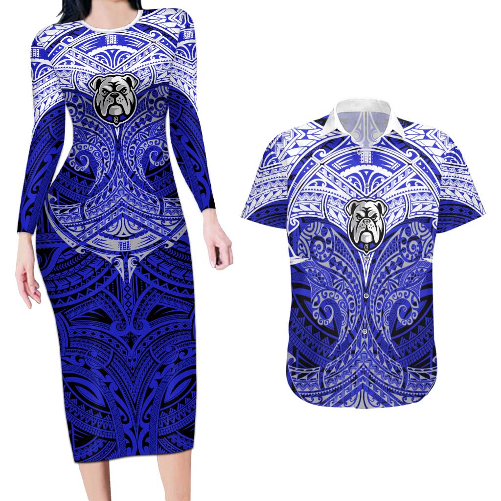 Personalized Canterbury-Bankstown Bulldogs Couples Matching Long Sleeve Bodycon Dress and Hawaiian Shirt Polynesian Tribal Pattern Style