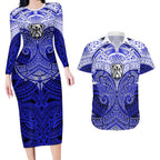 Personalized Canterbury-Bankstown Bulldogs Couples Matching Long Sleeve Bodycon Dress and Hawaiian Shirt Polynesian Tribal Pattern Style