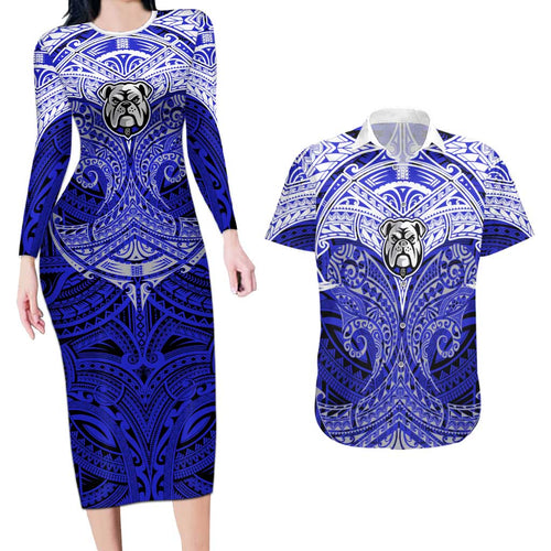 Personalized Canterbury-Bankstown Bulldogs Couples Matching Long Sleeve Bodycon Dress and Hawaiian Shirt Polynesian Tribal Pattern Style