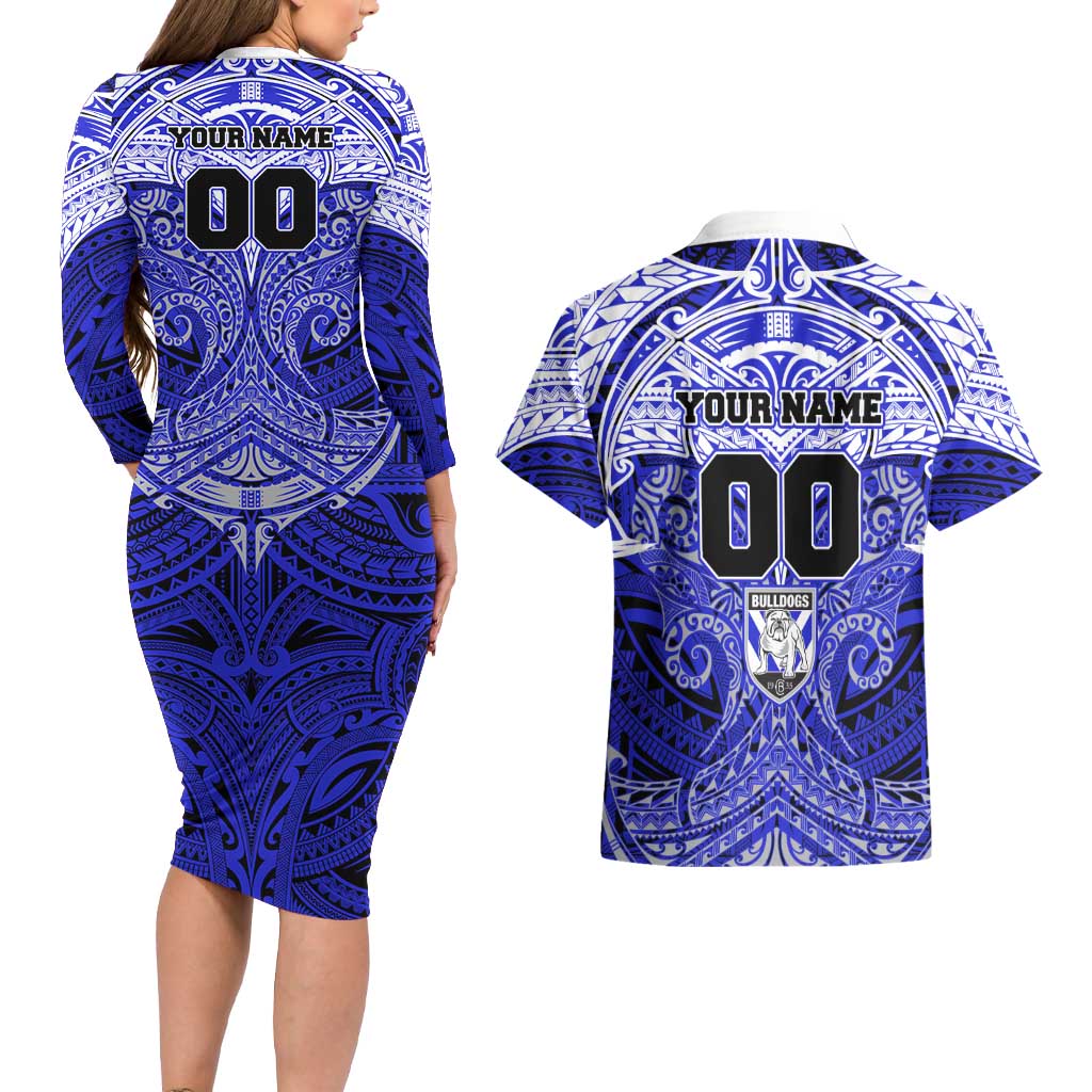 Personalized Canterbury-Bankstown Bulldogs Couples Matching Long Sleeve Bodycon Dress and Hawaiian Shirt Polynesian Tribal Pattern Style