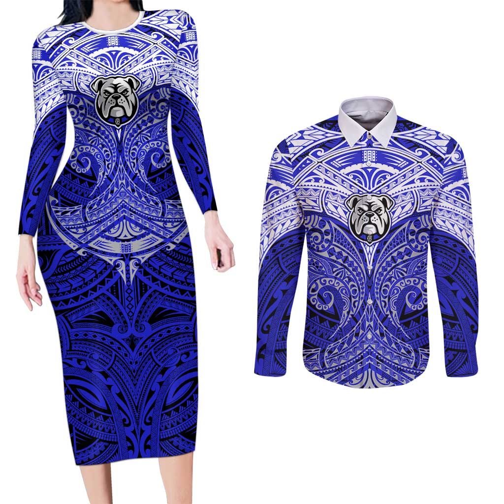 Personalized Canterbury-Bankstown Bulldogs Couples Matching Long Sleeve Bodycon Dress and Long Sleeve Button Shirt Polynesian Tribal Pattern Style