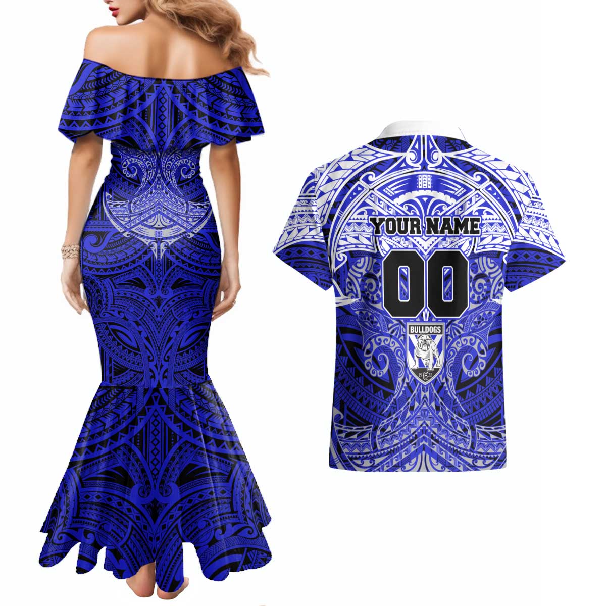 Personalized Canterbury-Bankstown Bulldogs Couples Matching Mermaid Dress and Hawaiian Shirt Polynesian Tribal Pattern Style
