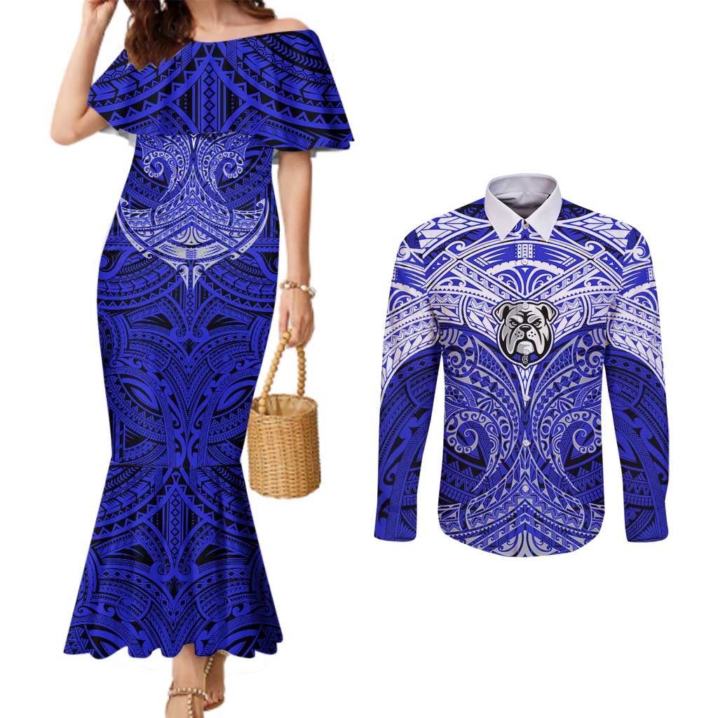 Personalized Canterbury-Bankstown Bulldogs Couples Matching Mermaid Dress and Long Sleeve Button Shirt Polynesian Tribal Pattern Style