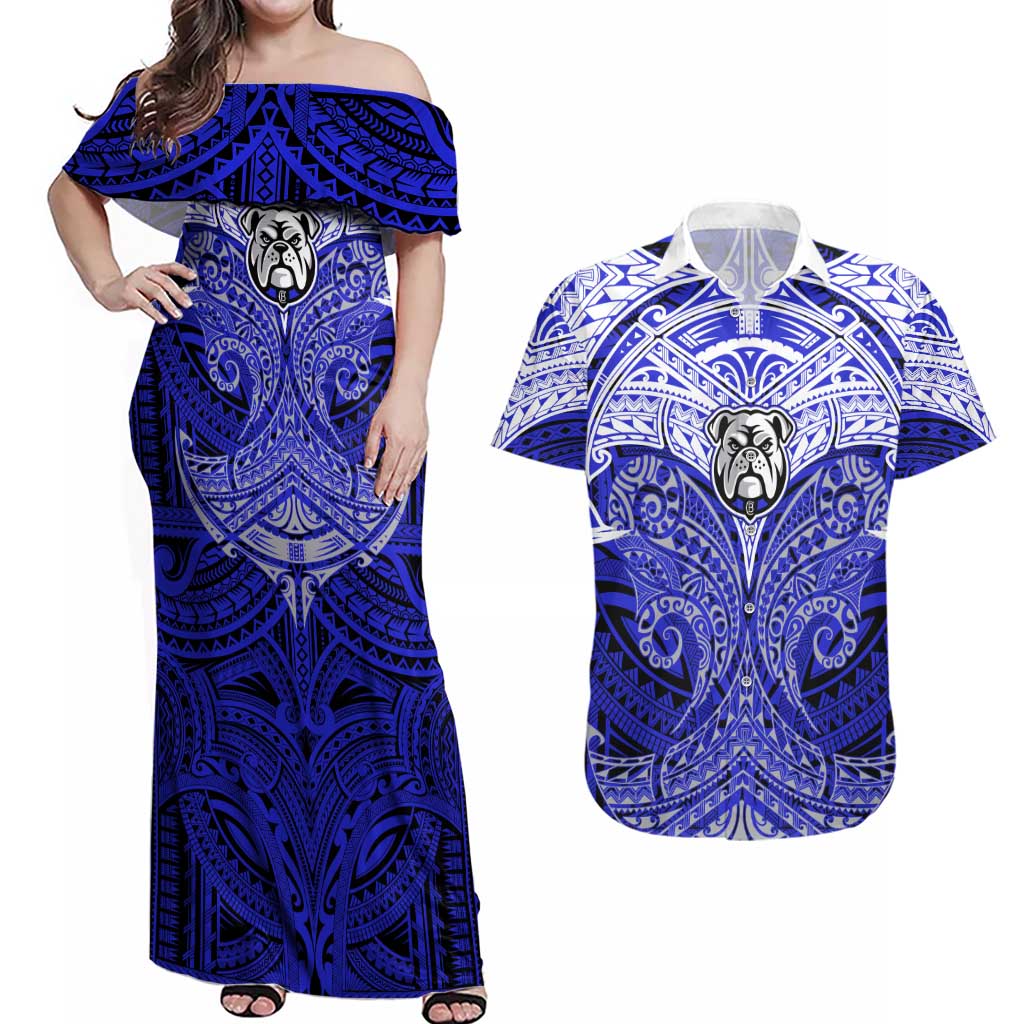 Personalized Canterbury-Bankstown Bulldogs Couples Matching Off Shoulder Maxi Dress and Hawaiian Shirt Polynesian Tribal Pattern Style