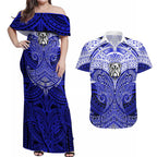 Personalized Canterbury-Bankstown Bulldogs Couples Matching Off Shoulder Maxi Dress and Hawaiian Shirt Polynesian Tribal Pattern Style