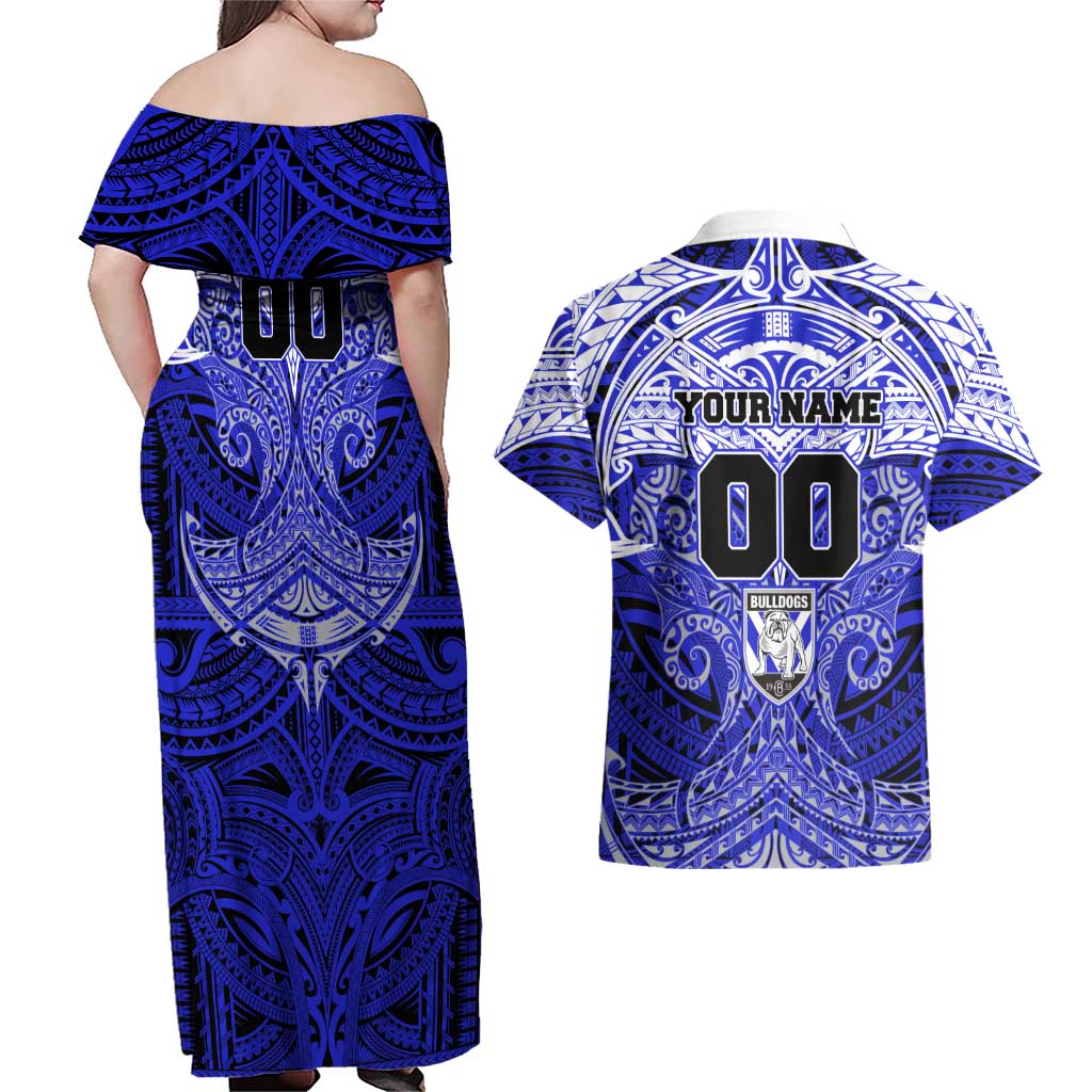 Personalized Canterbury-Bankstown Bulldogs Couples Matching Off Shoulder Maxi Dress and Hawaiian Shirt Polynesian Tribal Pattern Style