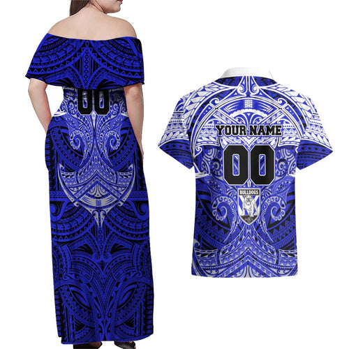 Personalized Canterbury-Bankstown Bulldogs Couples Matching Off Shoulder Maxi Dress and Hawaiian Shirt Polynesian Tribal Pattern Style