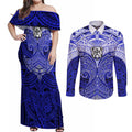 Personalized Canterbury-Bankstown Bulldogs Couples Matching Off Shoulder Maxi Dress and Long Sleeve Button Shirt Polynesian Tribal Pattern Style