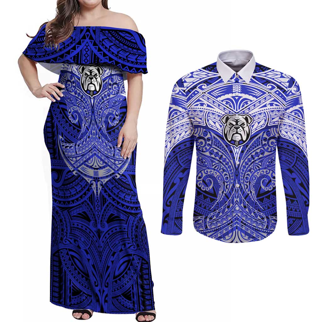 Personalized Canterbury-Bankstown Bulldogs Couples Matching Off Shoulder Maxi Dress and Long Sleeve Button Shirt Polynesian Tribal Pattern Style