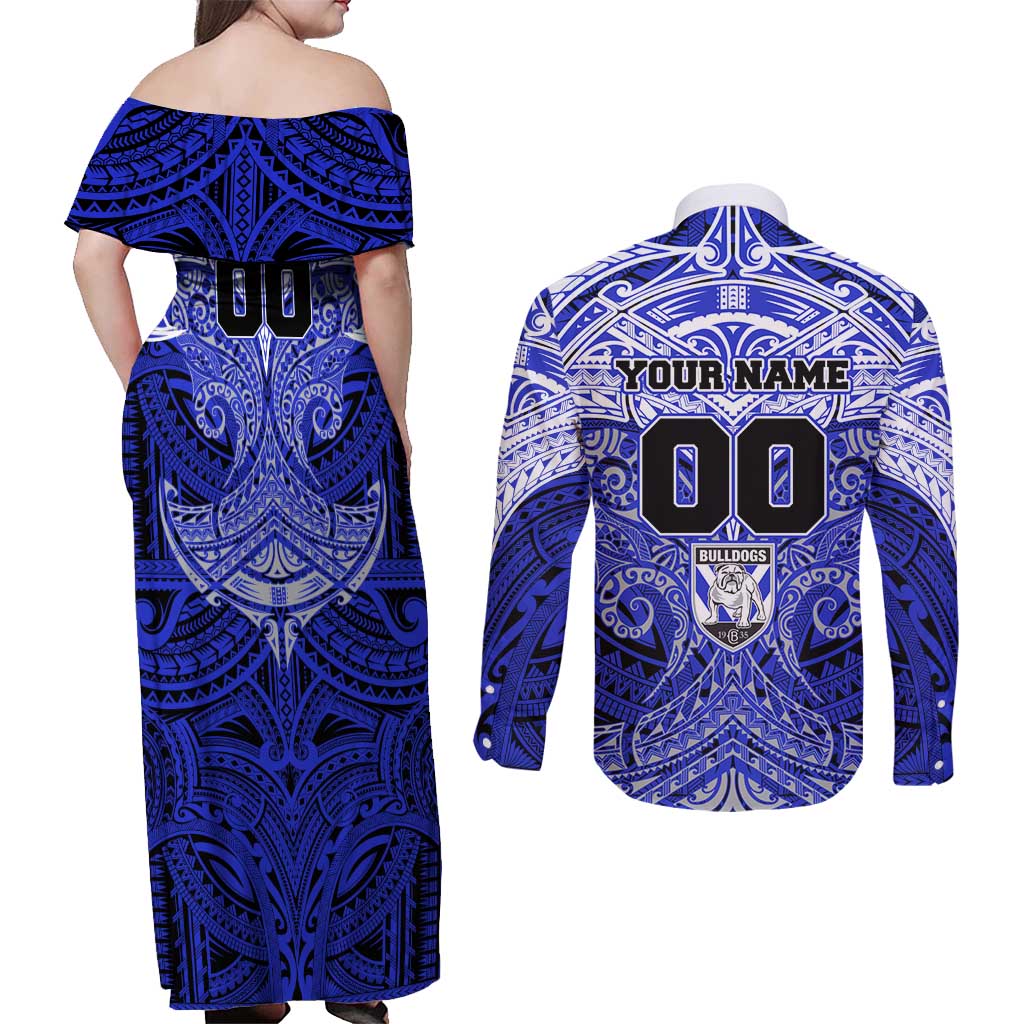 Personalized Canterbury-Bankstown Bulldogs Couples Matching Off Shoulder Maxi Dress and Long Sleeve Button Shirt Polynesian Tribal Pattern Style