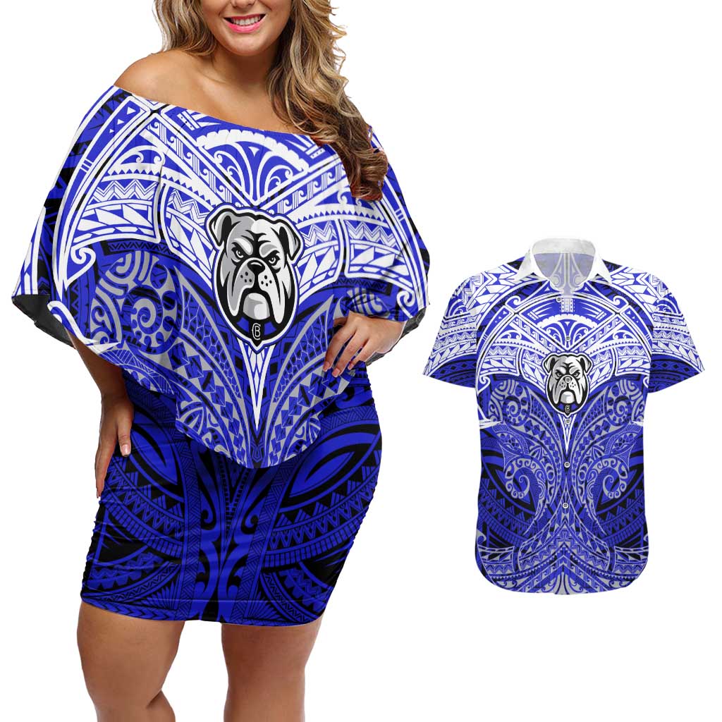 Personalized Canterbury-Bankstown Bulldogs Couples Matching Off Shoulder Short Dress and Hawaiian Shirt Polynesian Tribal Pattern Style