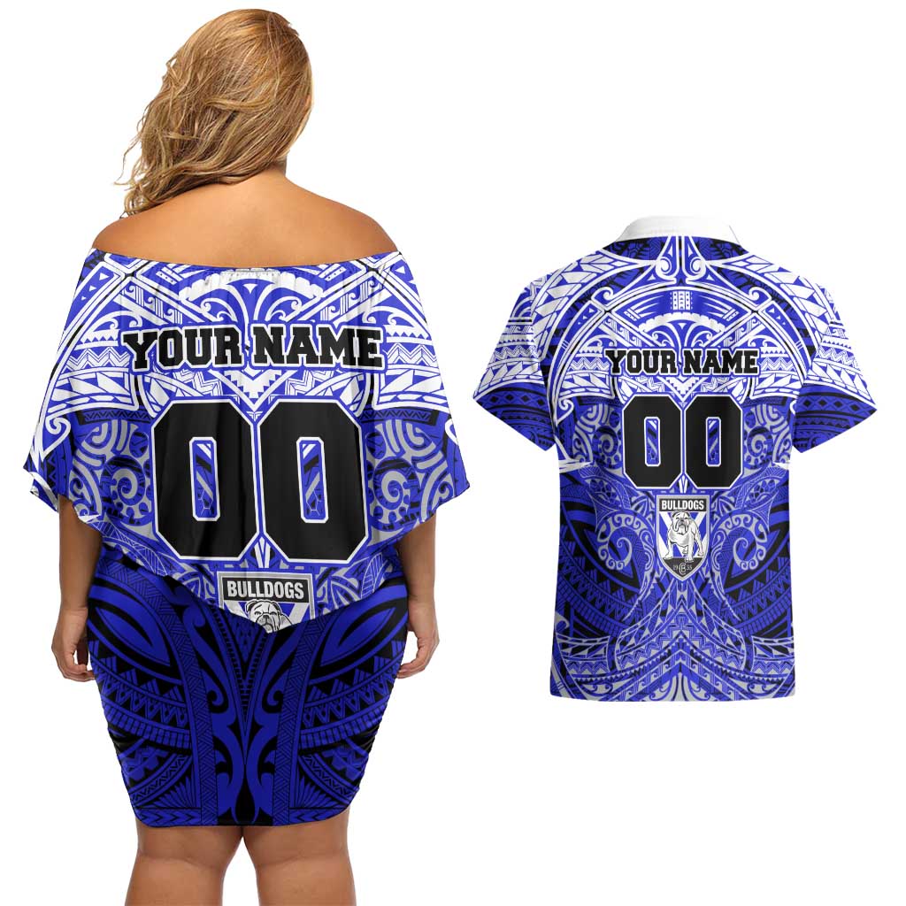 Personalized Canterbury-Bankstown Bulldogs Couples Matching Off Shoulder Short Dress and Hawaiian Shirt Polynesian Tribal Pattern Style