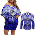 Personalized Canterbury-Bankstown Bulldogs Couples Matching Off Shoulder Short Dress and Long Sleeve Button Shirt Polynesian Tribal Pattern Style