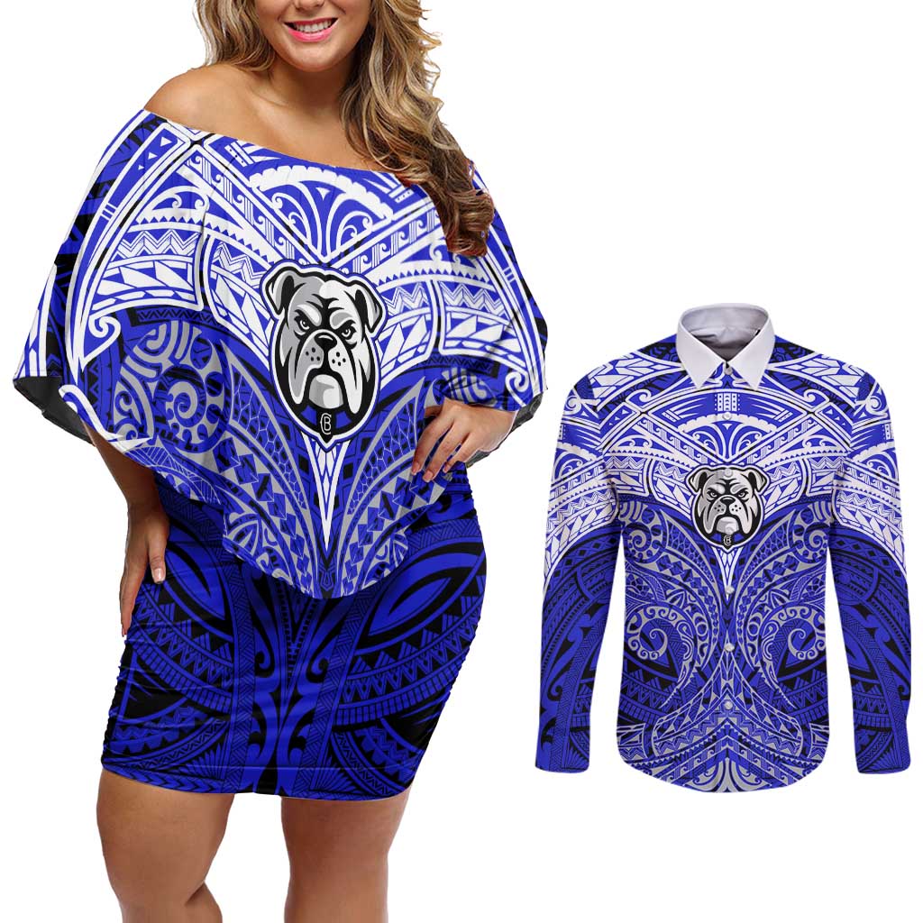 Personalized Canterbury-Bankstown Bulldogs Couples Matching Off Shoulder Short Dress and Long Sleeve Button Shirt Polynesian Tribal Pattern Style