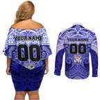 Personalized Canterbury-Bankstown Bulldogs Couples Matching Off Shoulder Short Dress and Long Sleeve Button Shirt Polynesian Tribal Pattern Style