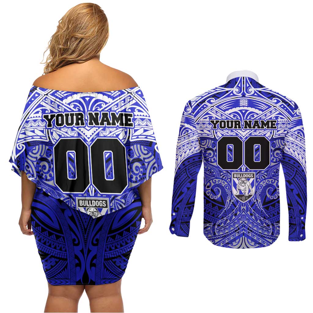 Personalized Canterbury-Bankstown Bulldogs Couples Matching Off Shoulder Short Dress and Long Sleeve Button Shirt Polynesian Tribal Pattern Style