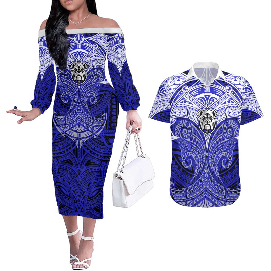 Personalized Canterbury-Bankstown Bulldogs Couples Matching Off The Shoulder Long Sleeve Dress and Hawaiian Shirt Polynesian Tribal Pattern Style