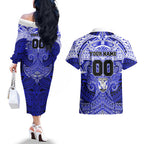 Personalized Canterbury-Bankstown Bulldogs Couples Matching Off The Shoulder Long Sleeve Dress and Hawaiian Shirt Polynesian Tribal Pattern Style