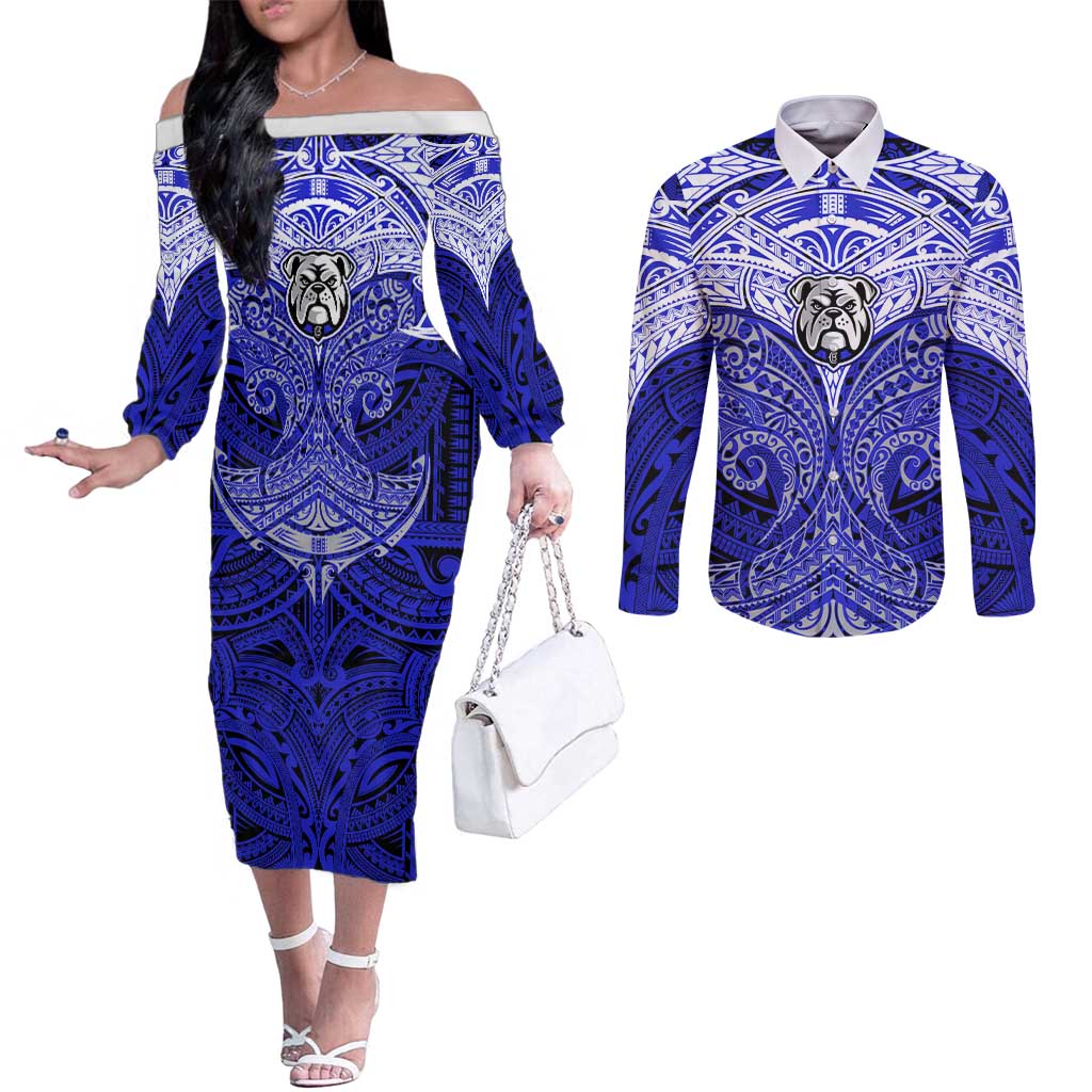 Personalized Canterbury-Bankstown Bulldogs Couples Matching Off The Shoulder Long Sleeve Dress and Long Sleeve Button Shirt Polynesian Tribal Pattern Style