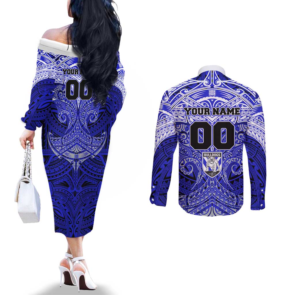 Personalized Canterbury-Bankstown Bulldogs Couples Matching Off The Shoulder Long Sleeve Dress and Long Sleeve Button Shirt Polynesian Tribal Pattern Style