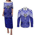 Personalized Canterbury-Bankstown Bulldogs Couples Matching Puletasi and Long Sleeve Button Shirt Polynesian Tribal Pattern Style