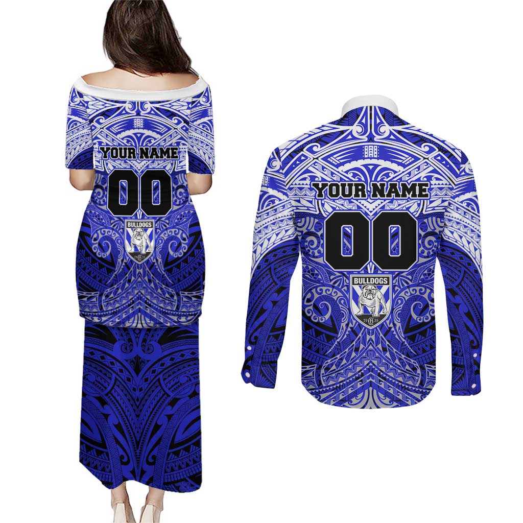 Personalized Canterbury-Bankstown Bulldogs Couples Matching Puletasi and Long Sleeve Button Shirt Polynesian Tribal Pattern Style